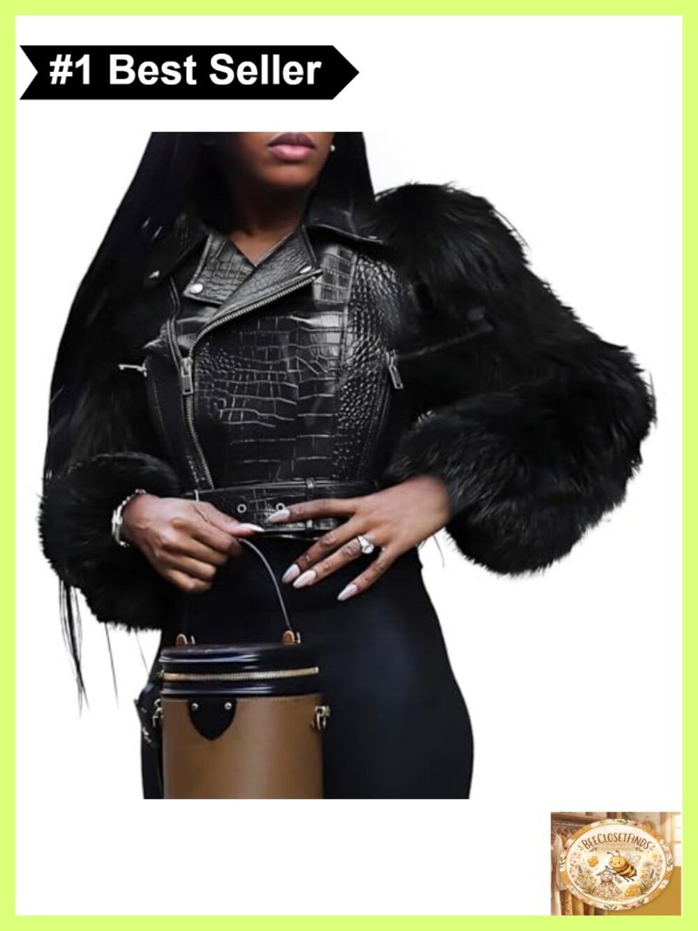 Faux Leather Cropped Moto Jacket Faux Fur Sleeve Zip Up Belted Biker Coat